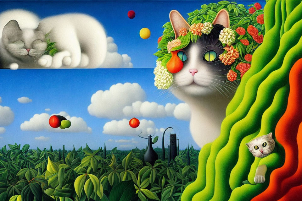 Surreal artwork featuring cats, fruits, and vegetables in dreamlike scenes