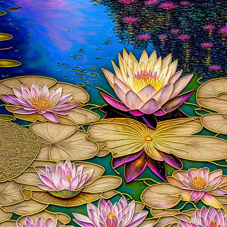 Vibrant Lotus Flowers in Full Bloom on Water Surface