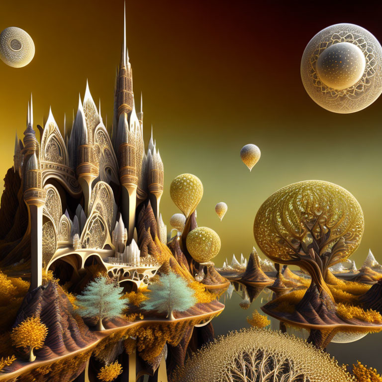 Fantastical landscape with spire-topped structures, orbs, balloons, and golden tree