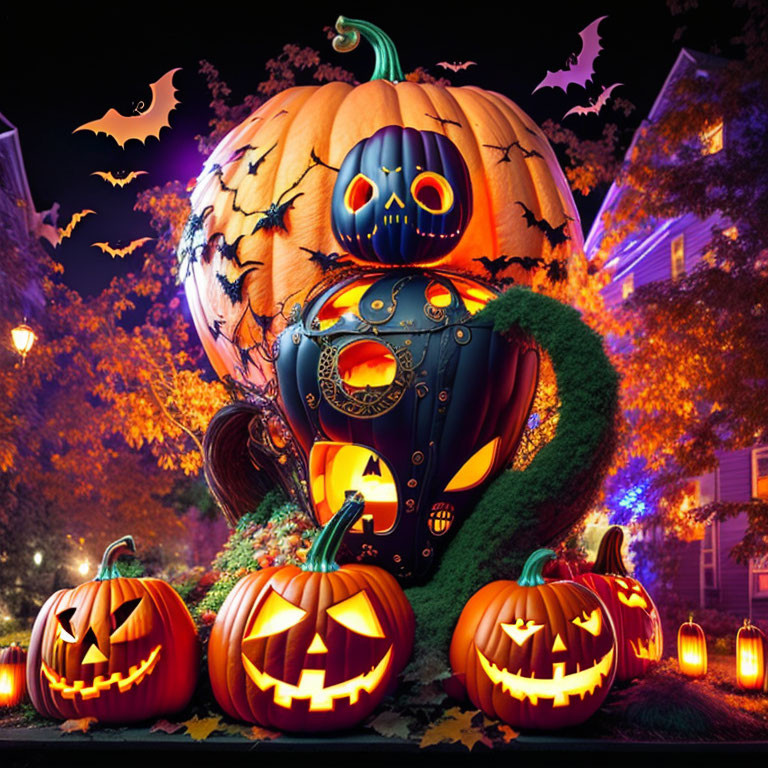 Glowing pumpkins, stacked pumpkins, bats, and lights in Halloween scene