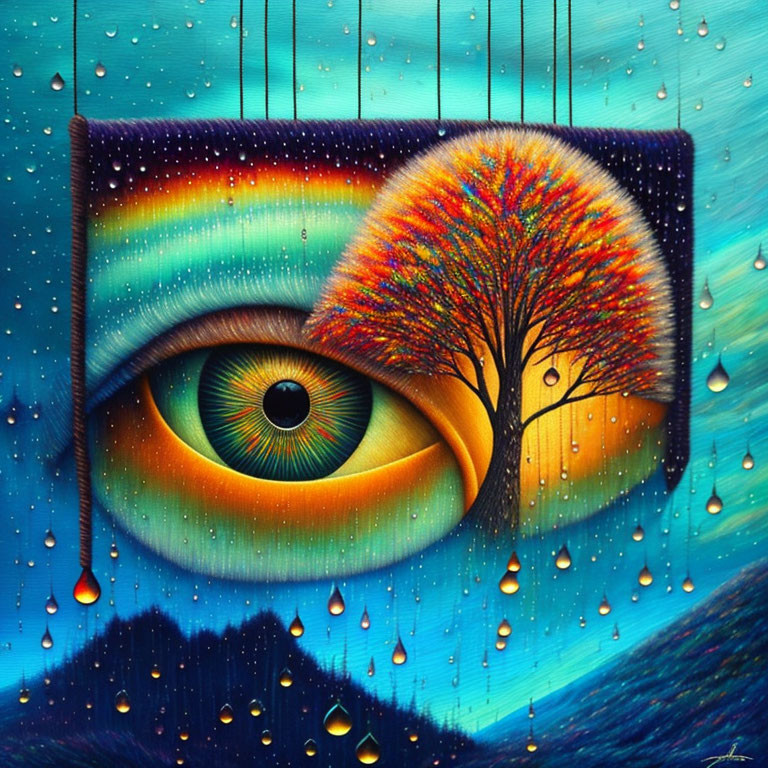 Colorful eye art with rainbow eyebrow, autumn tree, tears, and blue backdrop.