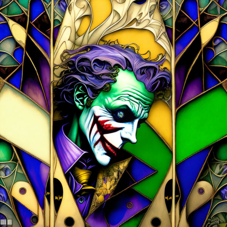 Colorful Stained-Glass Joker Illustration with Peacock Feather Motifs