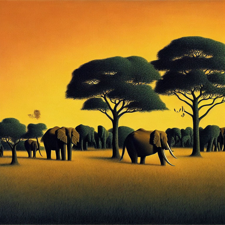 Stylized painting of elephants under savannah sunset