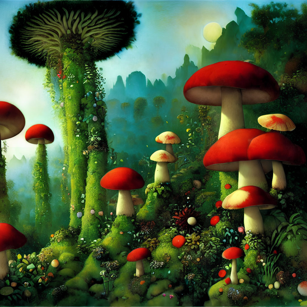 Colorful Fantasy Landscape with Red-Capped Mushrooms and Mountain Silhouettes