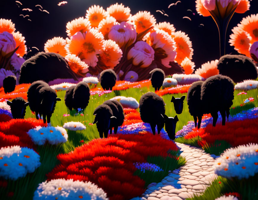 Silhouetted sheep in vibrant flower field on dark background