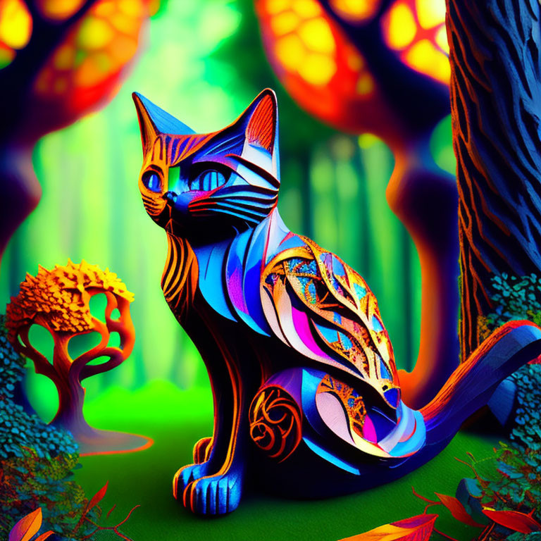 Colorful cat in psychedelic forest with intricate patterns