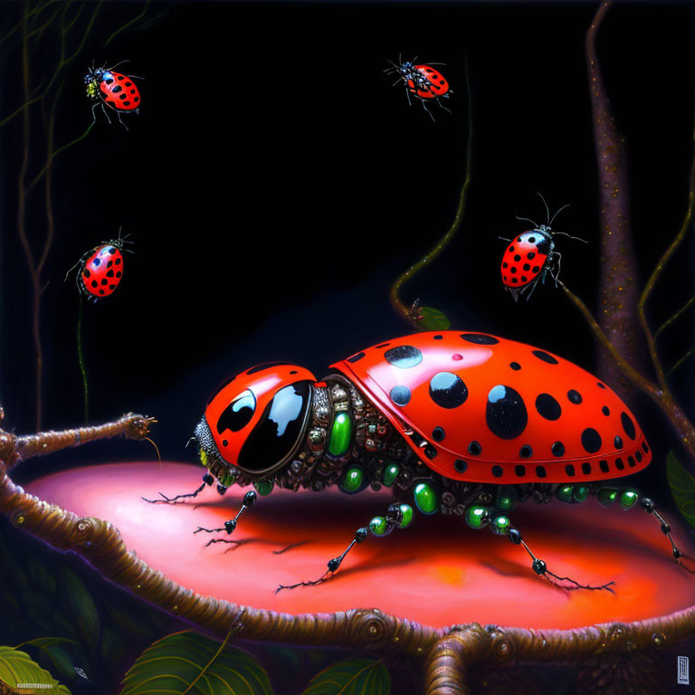 Detailed digital artwork: mechanical ladybug with red wings and black spots, surrounded by real ladybugs on