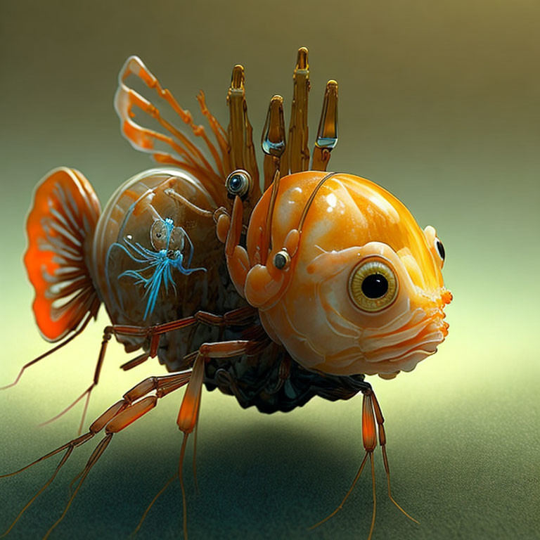 Surreal digital art: fish with mechanical parts and insect legs