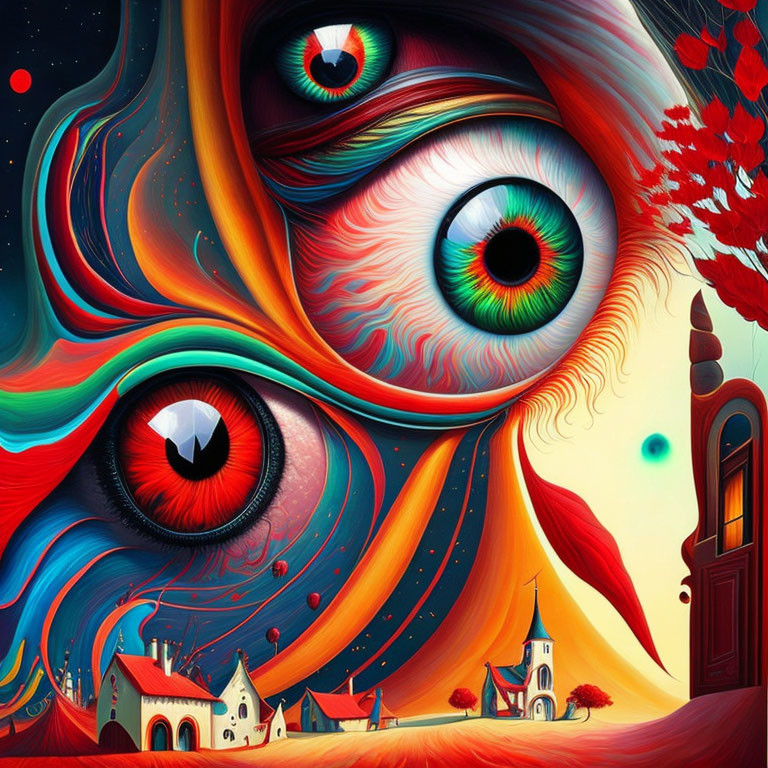 Colorful surreal artwork: oversized eyes, abstract shapes, village, swirling patterns, starry sky