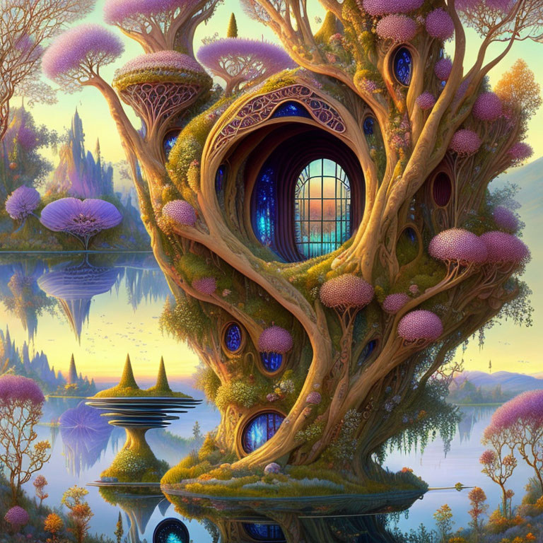 Enchanted forest treehouse with glowing windows and purple foliage