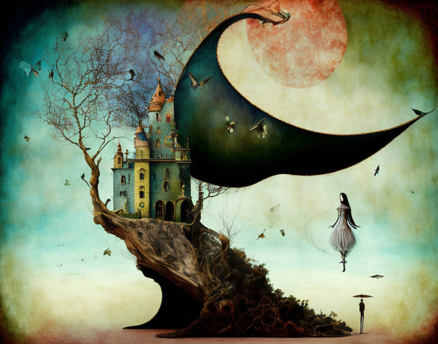 Whimsical castle on tree with red moon and silhouetted figures