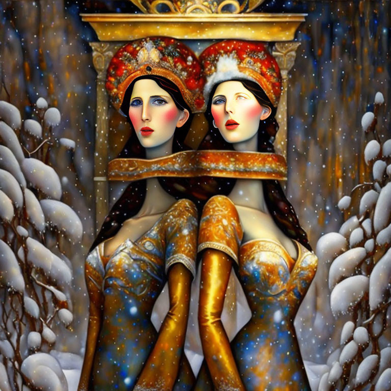 Stylized women with mirrored faces in celestial setting with snow-covered trees