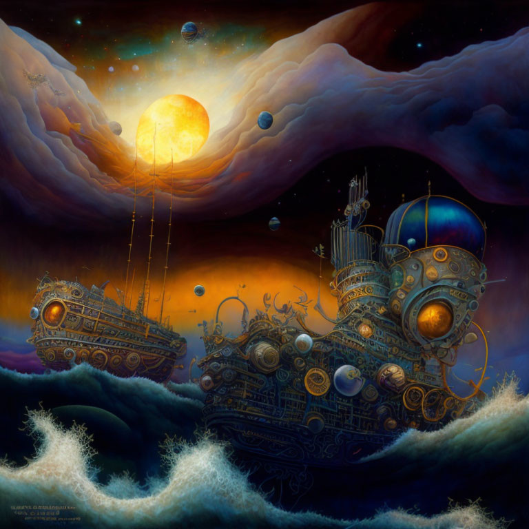 Steampunk-style ships in cosmic fantasy painting.