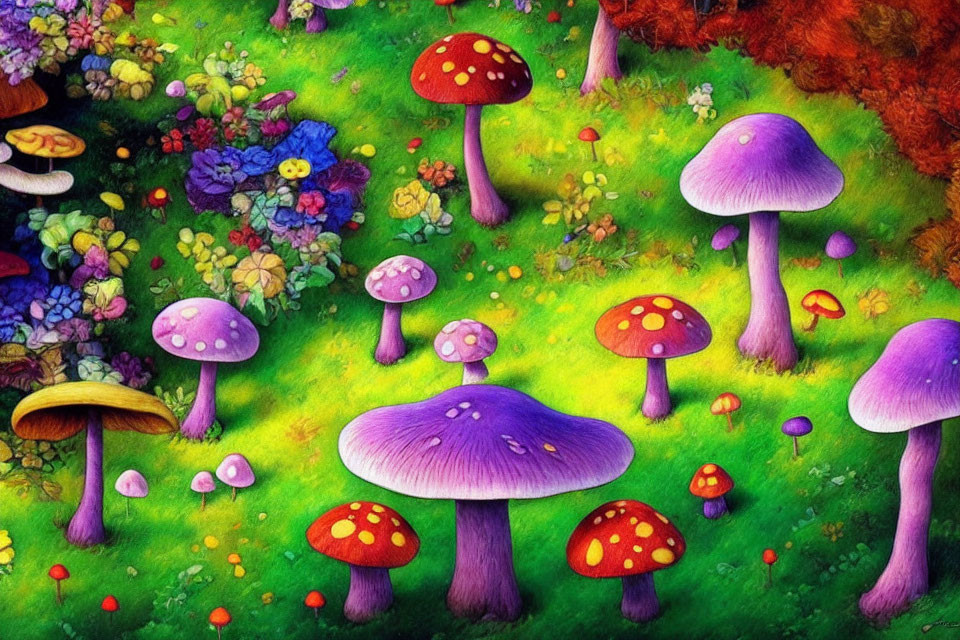 Colorful Mushroom and Flower Illustration on Green Background