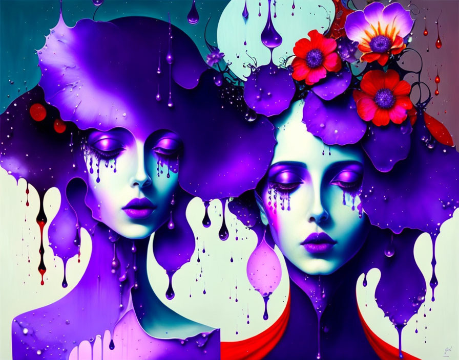 Vibrant digital art: two figures with purple skin and floral motifs.