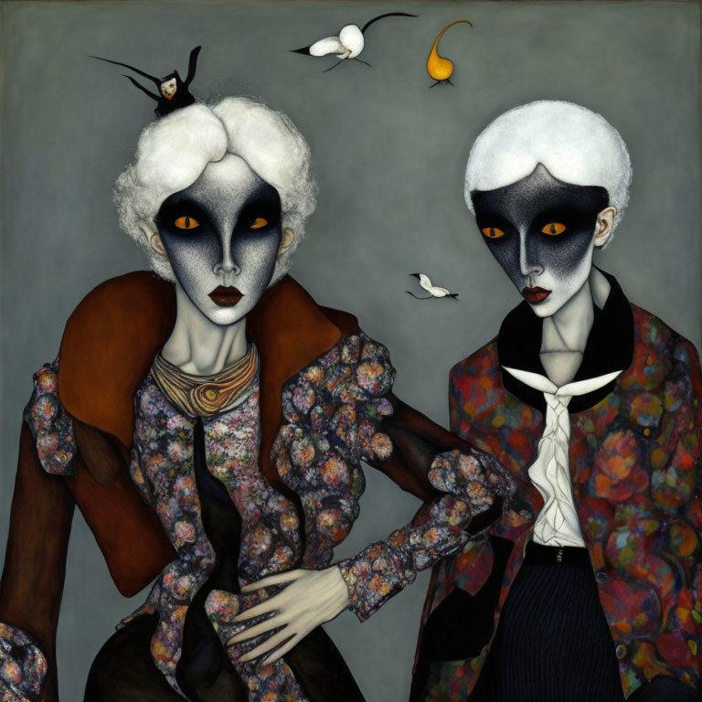 White-haired figures in patterned attire with birds and floating pear in surreal gray-toned scene