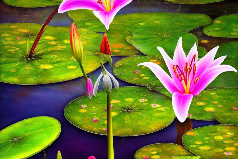 Colorful digital artwork featuring pink water lilies and lily pads on serene water.