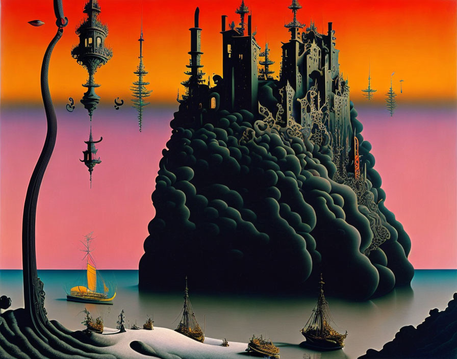 Surrealist painting of dark castle and ships on calm sea