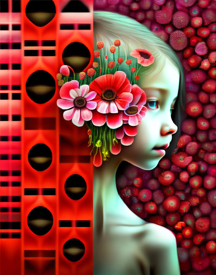 Surreal child portrait with vibrant floral patterns in red hues