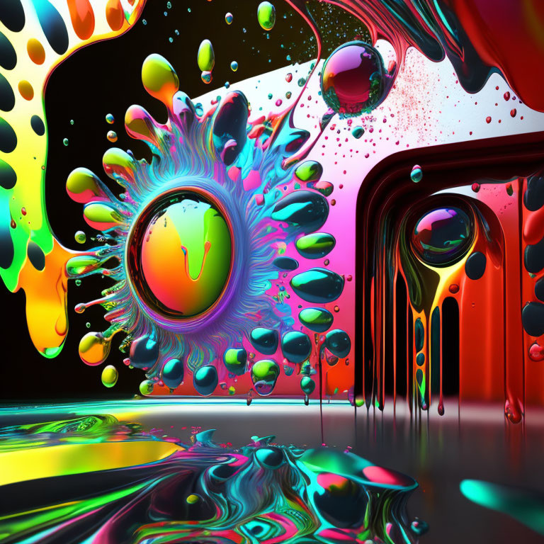 Colorful psychedelic abstract art with melting clock on black background