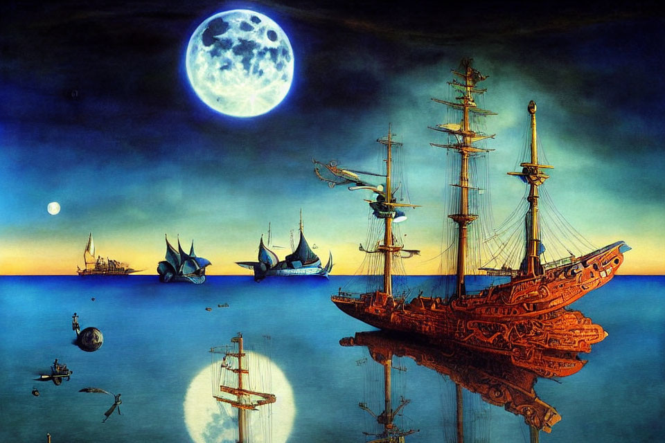 Surreal maritime scene: large moon, intricate ship, calm water reflections