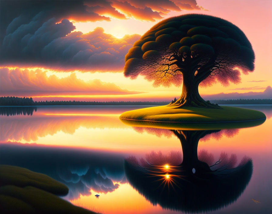 Vibrant sunset with majestic tree on island reflecting in lake