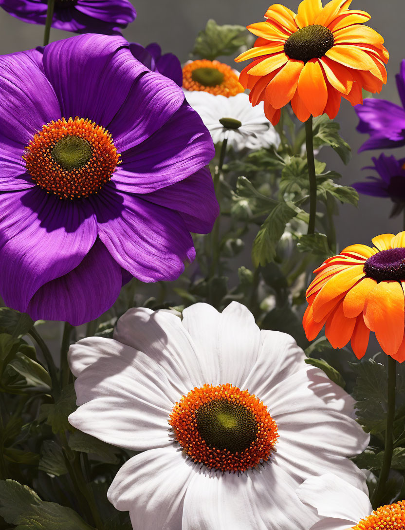 Colorful Close-Up of Purple, White, and Orange Daisies