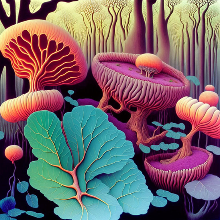 Colorful Fantasy Landscape with Stylized Trees and Giant Mushrooms