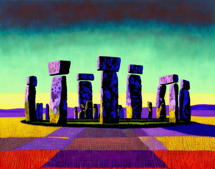 Colorful Stonehenge landscape with vibrant hues and patchwork fields