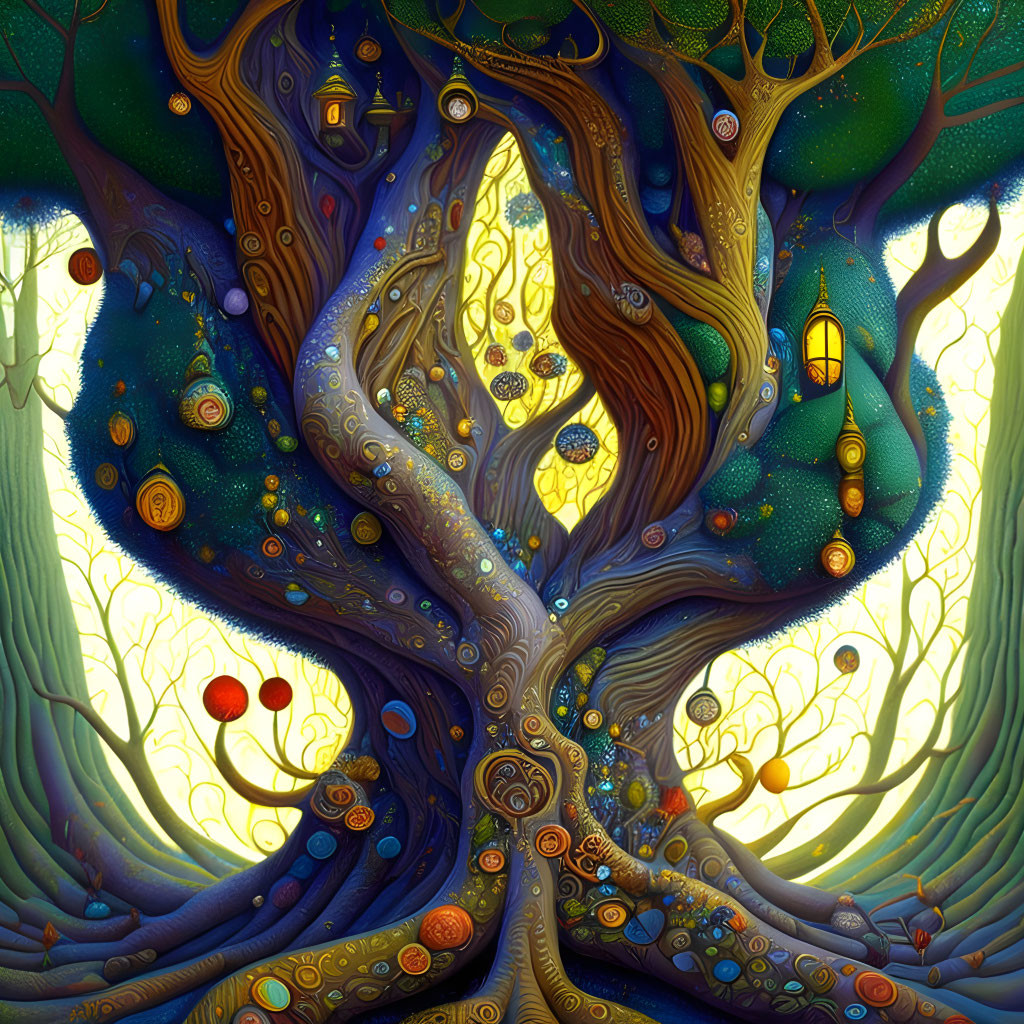 Colorful fantasy tree with swirling patterns and houses in a magical setting