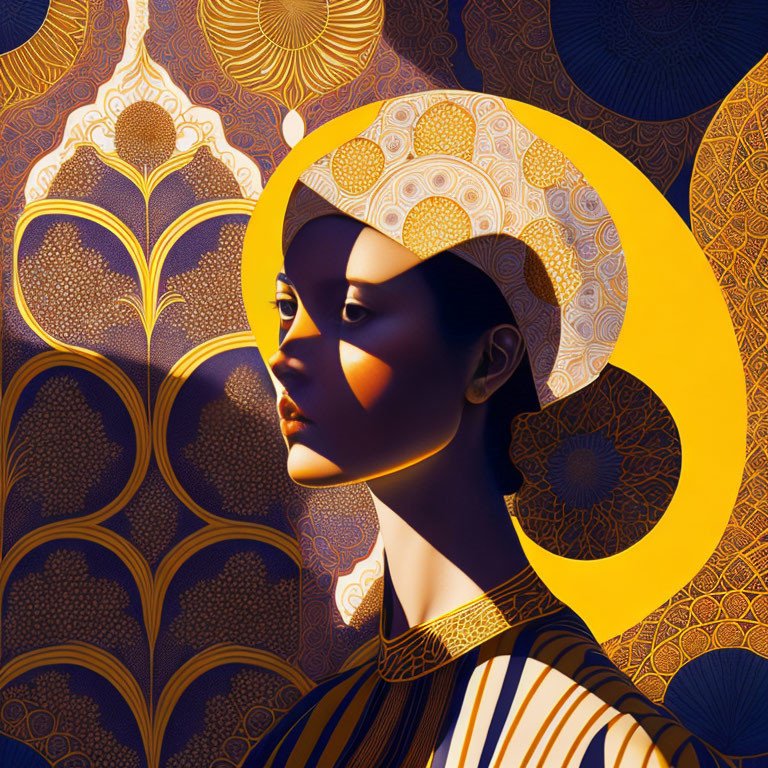 Stylized portrait of a woman with gold and blue tones and moon-shaped halo