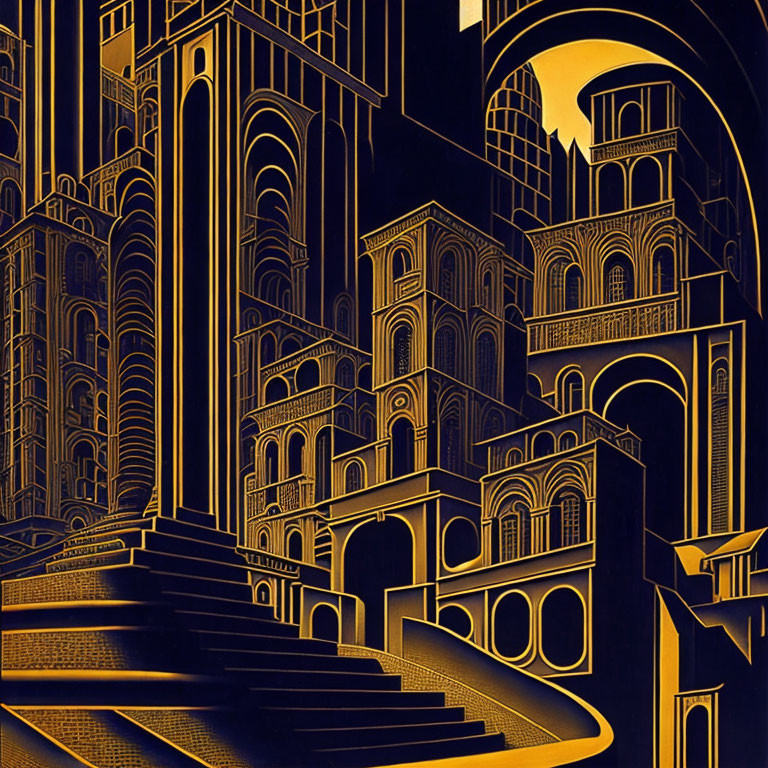 Monochromatic illustration of fantastical architectural labyrinth