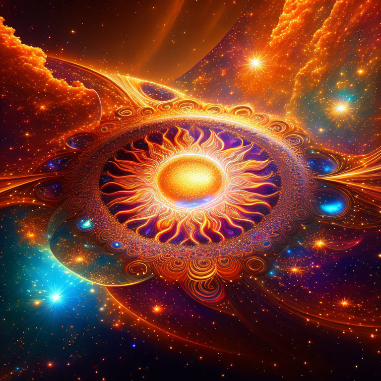 Colorful cosmic eye digital artwork with fiery shades and sparkling stars.