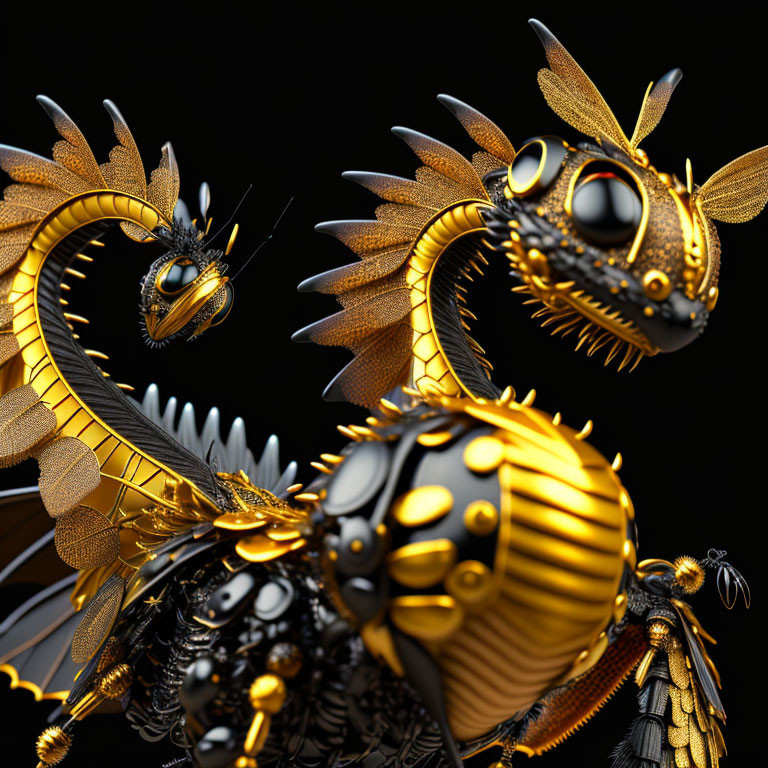 Detailed 3D Mechanical Dragon Illustration with Golden and Black Segments