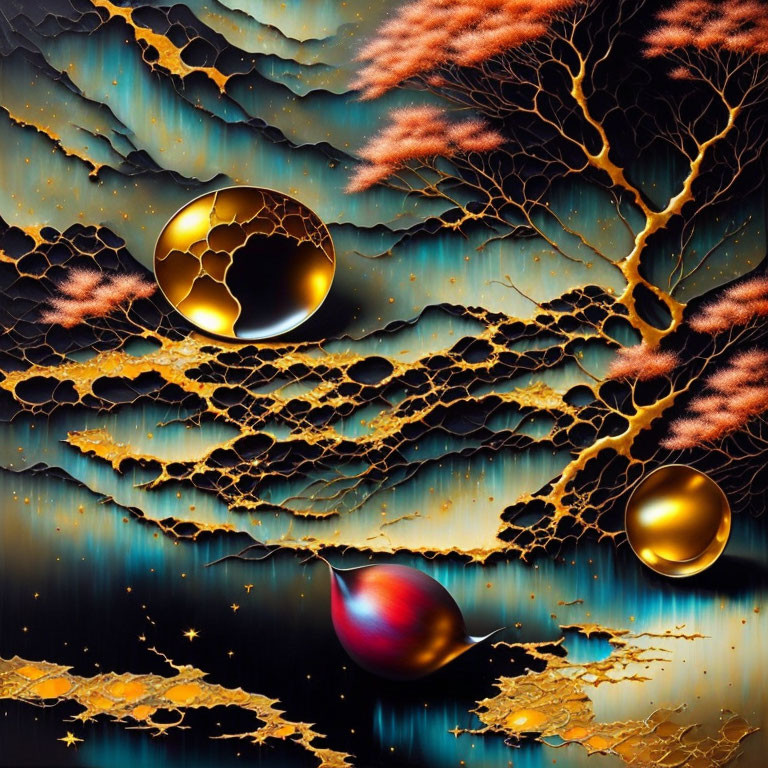 Surreal landscape featuring golden fractal trees, reflective spheres, and rippling waters