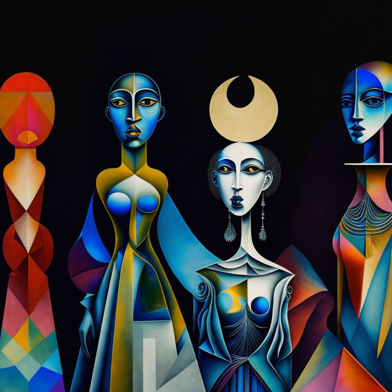 Abstract painting: Four human-like figures with geometric features on dark backdrop