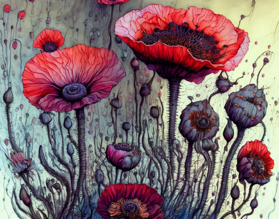 Detailed red poppies against whimsical backdrop with fine lines