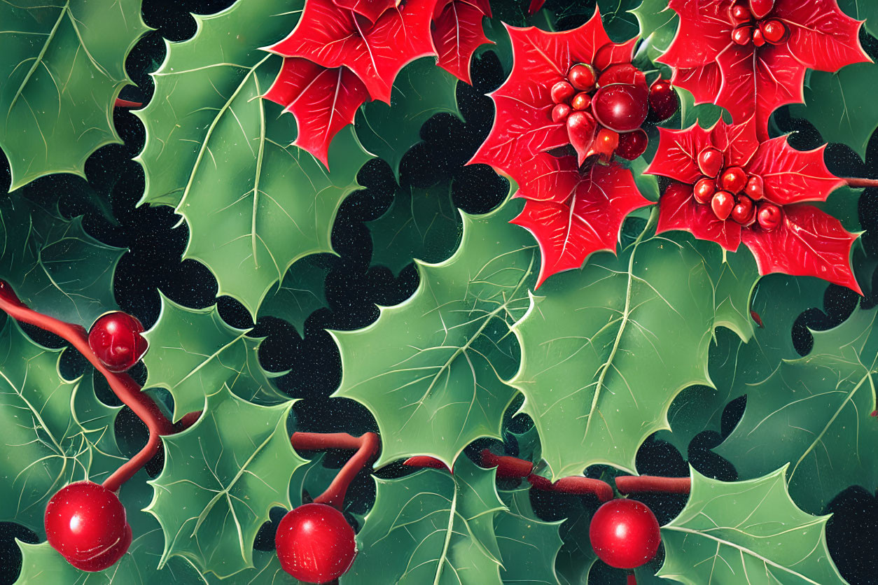 Traditional Christmas holly and red berries on green background with ribbons and light textures