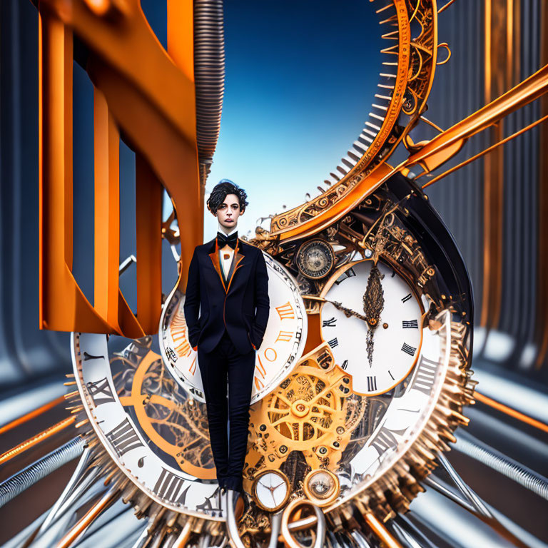 Person in suit with golden clock gears background