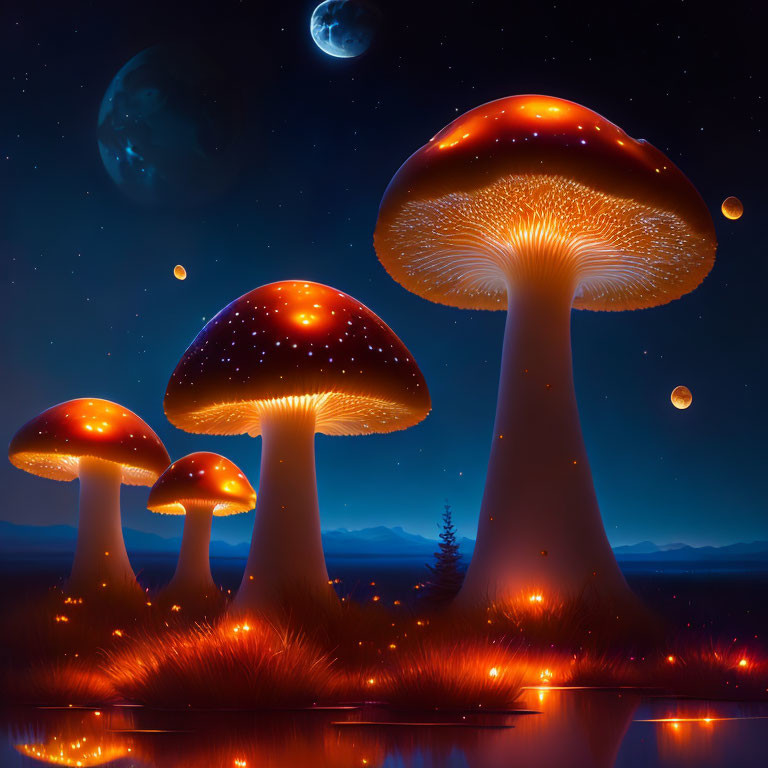 Fantasy landscape with illuminated giant mushrooms and starry sky