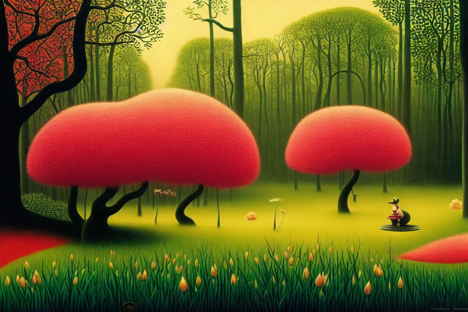 Colorful painting of whimsical forest with oversized mushroom-shaped trees and person sitting peacefully among vibrant flora