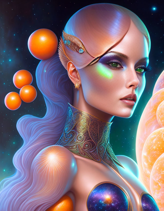 Cosmic-themed digital artwork of a woman with planets and stars in her hair and attire