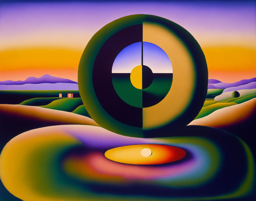 Vibrant Surrealist Landscape with Circles and Hills