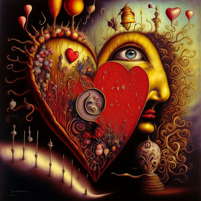 Surreal heart-shaped face with central eye and floating hearts