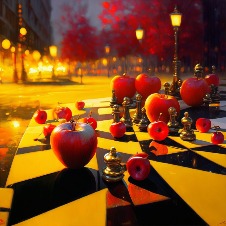 Red Apples and Chess Pieces on Checkerboard with Street Scene Background