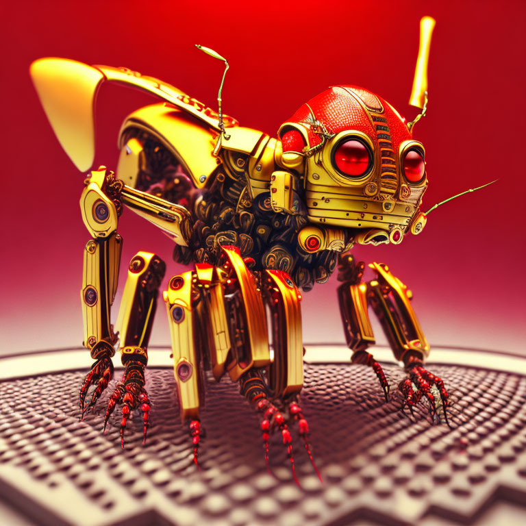 Mechanical insect-like creature with golden and copper parts on checkered surface against red background