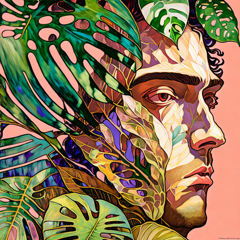 Colorful portrait blending human face with leaf-like patterns in artistic representation