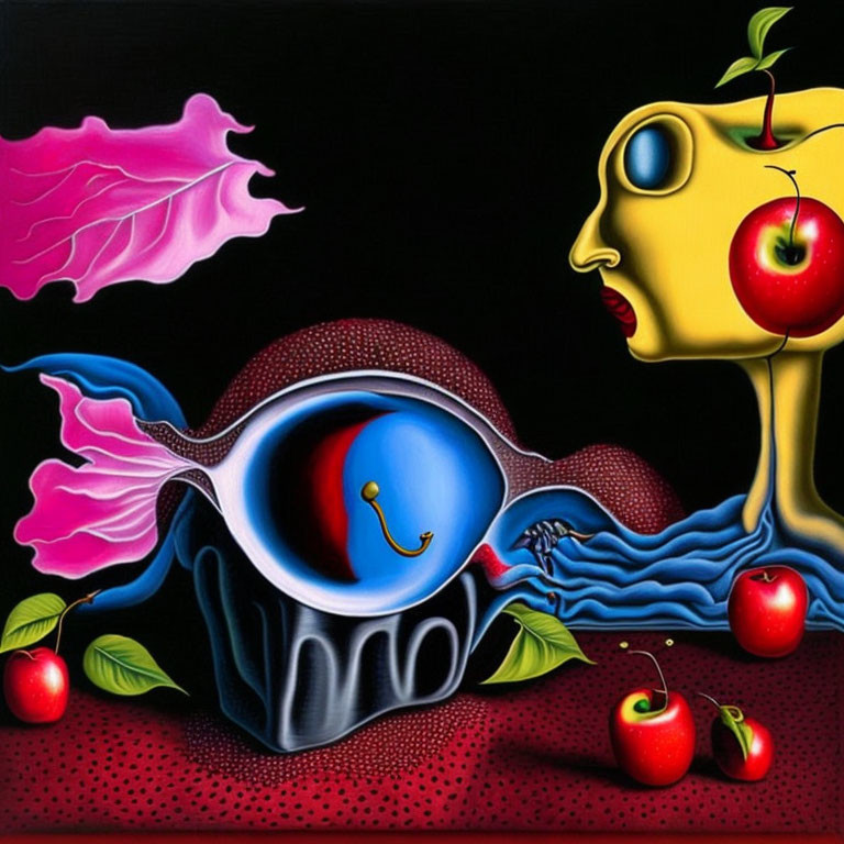 Surreal painting with yellow-faced figure, floating umbrella, apples with eyes, and pink leaf on