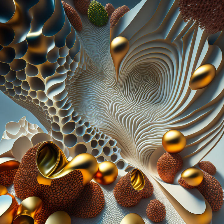 Abstract surreal landscape with metallic spheres and intricate patterns.