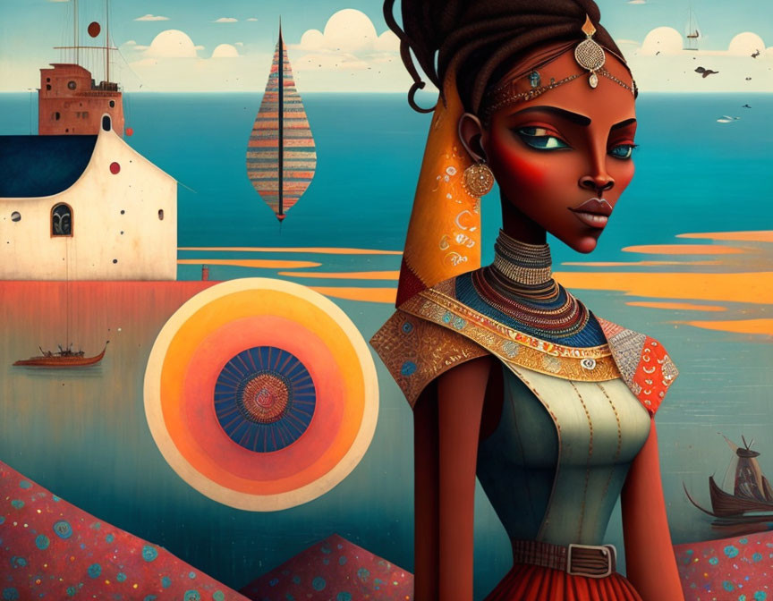 Detailed illustration of woman with jewelry, abstract sun, sailboats, and lighthouse.